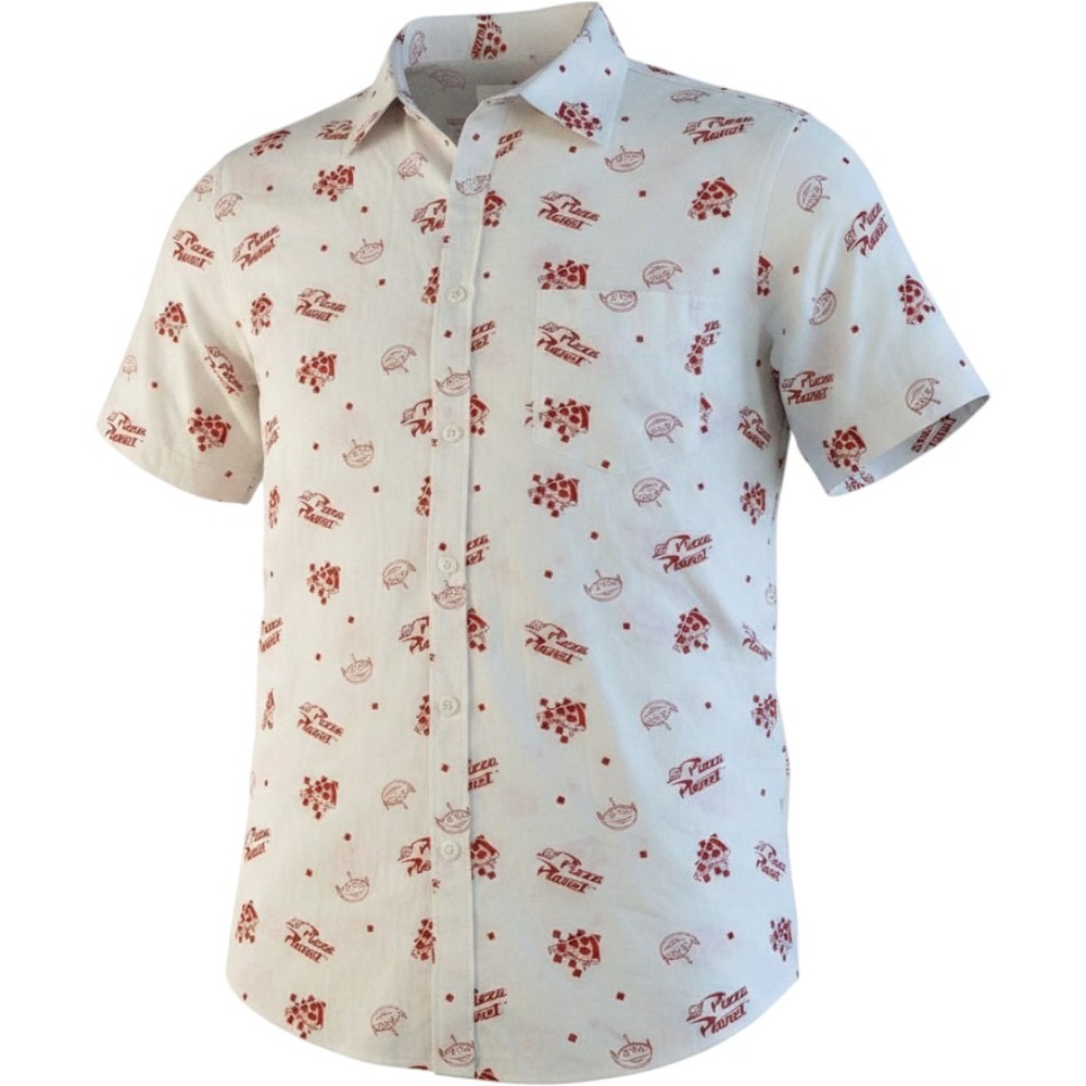 DISNEY Toy Story Shirt Mens Medium Pizza Planet White Red Button Up Short-sleeve